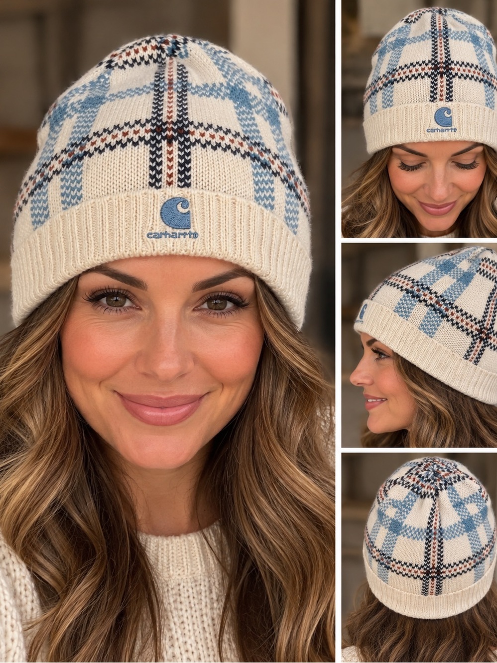 Carhartt Cream, Light Blue & Navy Plaid Knit Beanie